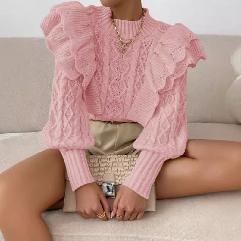 Kylie | Women's Ruffle Cable Knit Long Sleeve Sweater