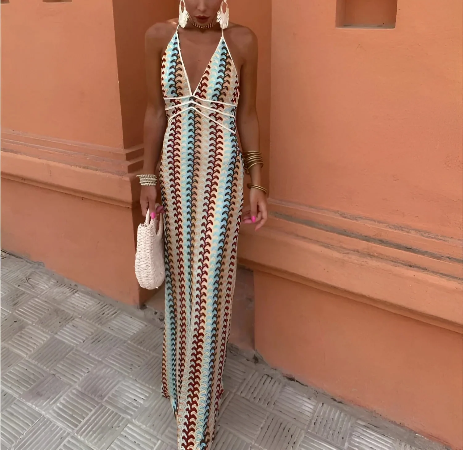 Colourful and Elegant Patterned Halter Neck Maxi Dress for Women