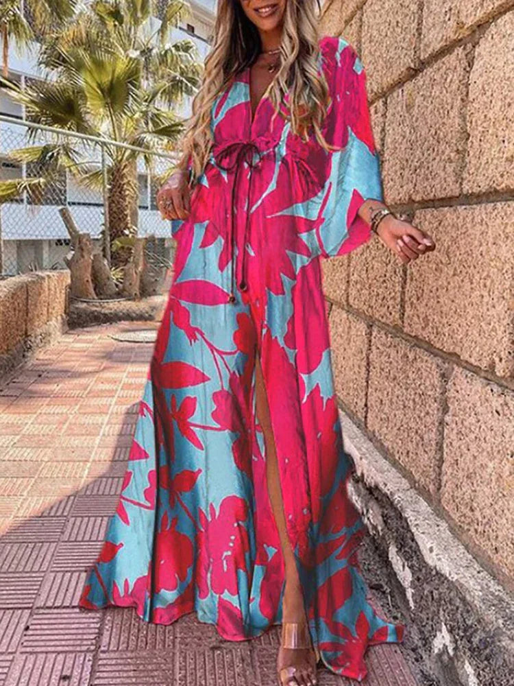 Colourful and Elegant Flowy Maxi Dress with Kimono Sleeves for Women