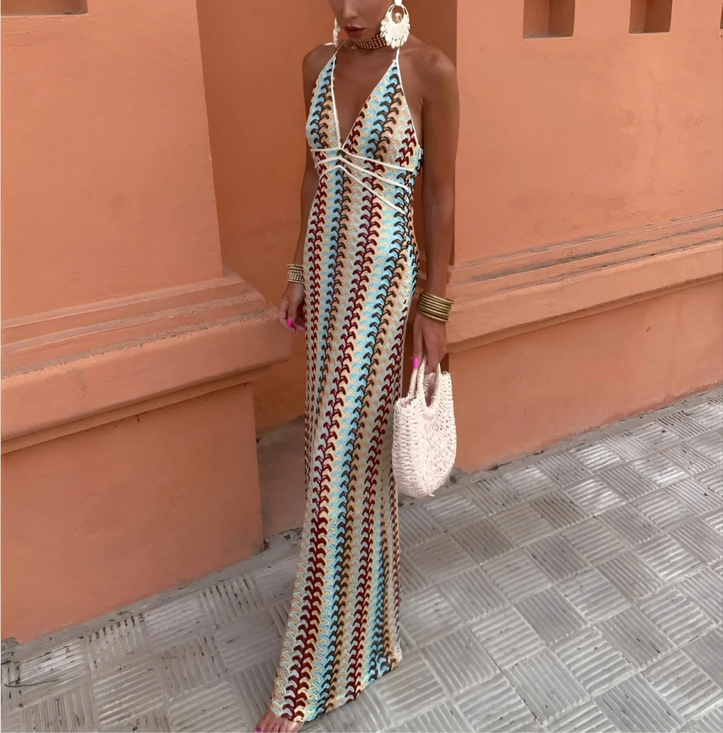 Colourful and Elegant Patterned Halter Neck Maxi Dress for Women