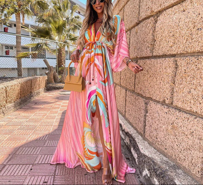 Colourful and Elegant Flowy Maxi Dress with Kimono Sleeves for Women