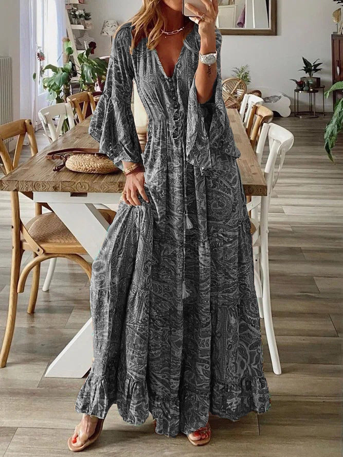 Bohemian Flowy Paisley Maxi Dress with Flared Sleeves for Women
