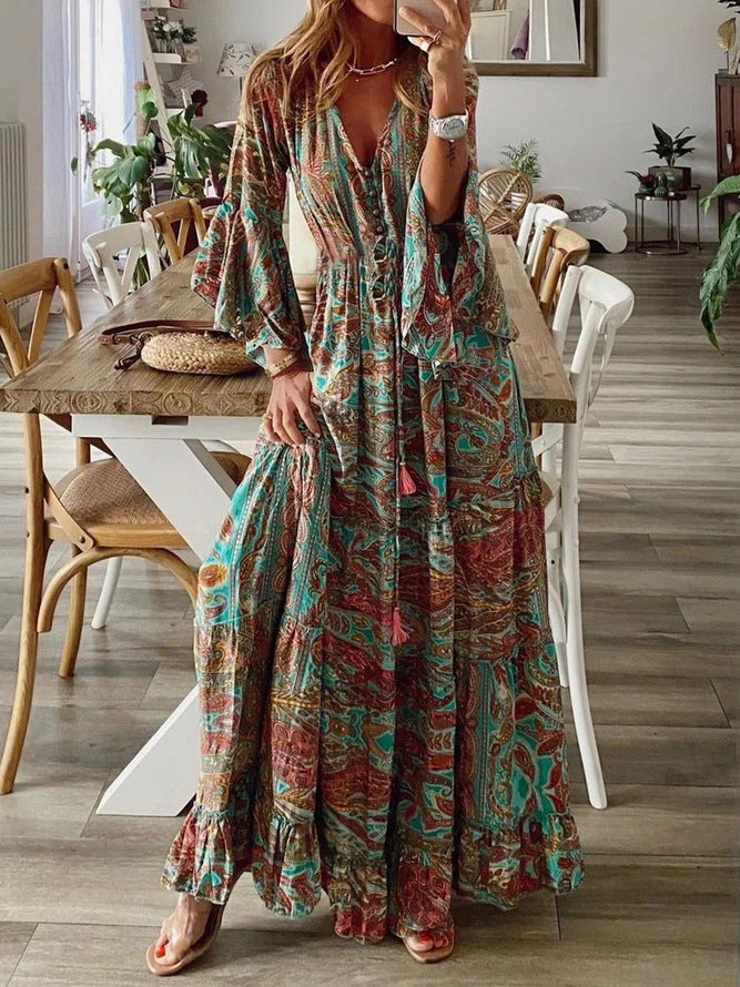 Bohemian Flowy Paisley Maxi Dress with Flared Sleeves for Women