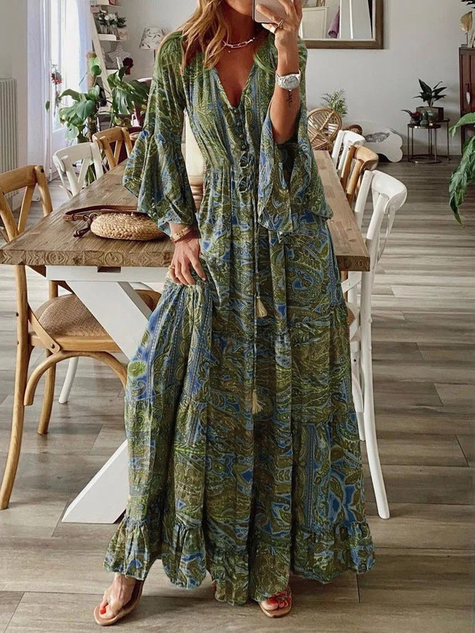 Bohemian Flowy Paisley Maxi Dress with Flared Sleeves for Women