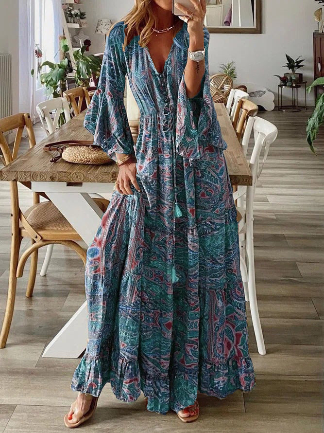 Bohemian Flowy Paisley Maxi Dress with Flared Sleeves for Women