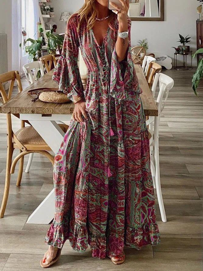 Bohemian Flowy Paisley Maxi Dress with Flared Sleeves for Women
